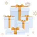 Christmas boxes with gifts. Gold snowflakes on a white background