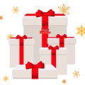 Christmas boxes with gifts. Gold snowflakes on a white background