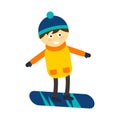 Christmas boy snowboarding playing winter game happy leisure vector illustration