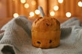 Christmas bread with dishtowel and Christmas lights in background Royalty Free Stock Photo