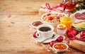 Christmas breakfast with gifts and decorations Royalty Free Stock Photo