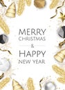 Christmas bright background with golden Xmas decorations. Merry christmas greeting card.