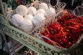 Christmas bright baubles for new year tree in decorative boxes