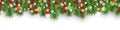 Christmas bright border with Christmas tree branches and holly berries on white background. Happy New Year decoration. Vector Royalty Free Stock Photo