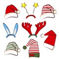 Christmas bright party hat. Set for photo booth xmas party. Antler, star and star hat. Traditional santa and elf hats