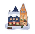Christmas building facade, exterior in old town of Europe. European house architecture with snow, Xmas decoration in