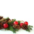 Christmas Bulb, Pine Cone, and Evergreen Border Isolated on Whit Royalty Free Stock Photo