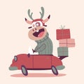 Christmas bull in red car vector character
