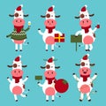 Christmas bull in Santa hat vector characters set