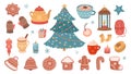 Christmas bundle. Gingerbreads, xmas tree and cozy things. Scandinavian new year decorative elements, coffee and sweets Royalty Free Stock Photo