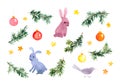 Christmas bundle set - pine branches, spruce twigs, hare animals, decorative baubles. Childish watercolor clip art for