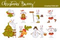 Christmas bunny rabbit Santa cartoon character vector icons for New Year greeting card design template. Royalty Free Stock Photo