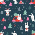 Christmas bunny seamless pattern. Winter snow bunnies print, holiday xmas babies textile texture. Cute rabbits ride with