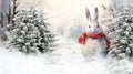 Christmas bunny puppy snowman with red scarf on winter snowy forest vintage Christmas Card