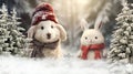 Christmas bunny puppy snowman with red scarf on winter snowy forest vintage Christmas Card