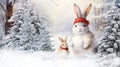 Christmas bunny snowman with red scarf on winter snowy forest vintage Christmas Card