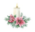 Christmas burning candle with pink poinsettia flowers and fir tree branches watercolor illustration for New Year holiday Royalty Free Stock Photo