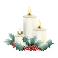 Christmas burning candles with red holly berries and green leaves watercolor isolated illustration for New Year holiday Royalty Free Stock Photo