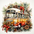 Christmas bus. Created by AI.A red festive bus decorated with fir branches and toys rides through the winter snow