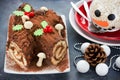 Christmas Bush de Noel - homemade chocolate yule log cake , Christmas and New Year holiday recipe Royalty Free Stock Photo