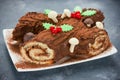 Christmas Bush de Noel - homemade chocolate yule log cake Royalty Free Stock Photo