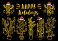 Gold Christmas cacti, cacteen, vector set Royalty Free Stock Photo