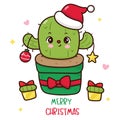 Christmas cactus with ball and star kawaii vector. X mas card (happy new year kids) fairy tale book.