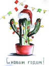 Christmas cactus with garlands, flags and lanterns