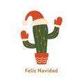 Christmas cactus in Santa hat in the pot. Text in Spanish Feliz Navidad means Merry Christmas. Vector greeting element