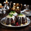 Christmas cake with berries and custard in a dining area, on a ceramic plate, flourished with paint