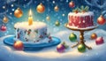 christmas cake with candles A festive Christmas with snow and baubles. The snow is fun and playful and it invites to make snowmen Royalty Free Stock Photo