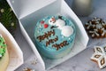 Christmas Cake, Festive Bento Cake, New Year Dessert on Bright Background