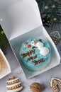 Christmas Cake, Festive Bento Cake, New Year Dessert on Bright Background