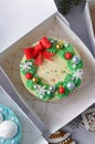 Christmas Cake, Festive Bento Cake, New Year Dessert on Bright Background