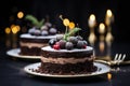 Christmas cake glazed and decorated with white cream and sugared cranberries on festive rustic table