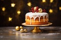 Christmas cake on golden cake stand