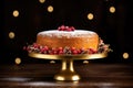 Christmas cake on golden cake stand