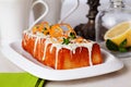 Christmas cake plum food white chocolate, orange zest, thyme, close-up still life with tea and lemon Royalty Free Stock Photo