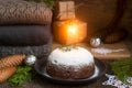 Christmas cake or pudding in festive decoration. Royalty Free Stock Photo