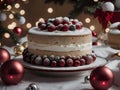 Christmas cake sitting on top of a plate covered in frosting