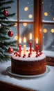 A Christmas Cake On A Table, The Candles Casting A Warm Glow On The Snowy Window. Generative AI Royalty Free Stock Photo