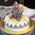 Christmas cake with stars, topped with Teddy in Santa hat holding teddy's child in arm