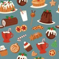 Christmas cakes, candy and sweets seamless pattern. Vector cartoon illustration of winter holidays spicy cakes