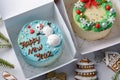 Christmas Cakes, Various Festive Bento Cakes, New Year Dessert on Bright Background