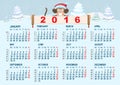 Christmas calendar. Monkey in santa hat symbol 2016 year holding banner Royalty Free Stock Photo