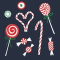 Christmas candies set. Candy cane, swirl lollipop, spiral lollypop, peppermint bonbons in wrappers. Royalty Free Stock Photo