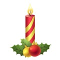 Christmas candle with burning flame decorated by ball toy and mistletoe leaves vector illustration Royalty Free Stock Photo