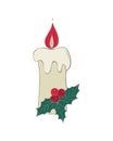 Christmas candle decoration with holly leaf and berry, drawing doodles. Royalty Free Stock Photo