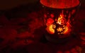 Christmas candle holders glowing red. Royalty Free Stock Photo