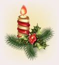 Christmas candle with holiday of branches tree with berries and mistletoe leaves Royalty Free Stock Photo